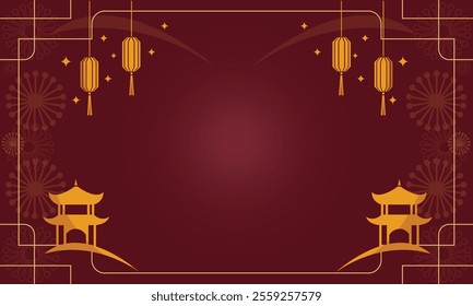 Chinese new year background vector with lantern, temple and firework templates, good for your printed product