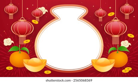 Chinese New Year background vector illustration. Gift bag, red lantern, orange and gold ingot ornaments 