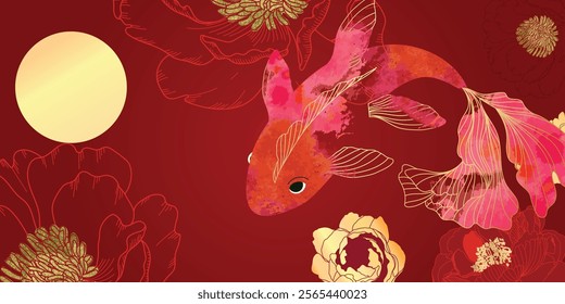 Chinese New Year background vector. Chinese and Japanese wallpaper pattern design of elegant watercolor koi fish, peony flower. Design illustration for decoration, wall decor, banner, website, ads.