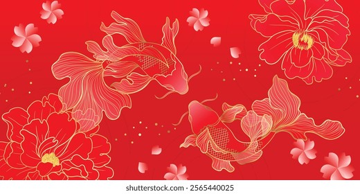 Chinese New Year background vector. Chinese and Japanese wallpaper pattern design of elegant koi fish, flower. Design illustration for decoration, wall decor, banner, website, ads.