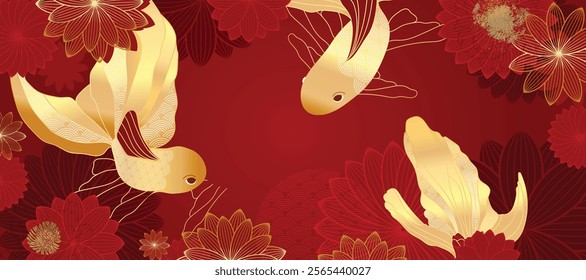 Chinese New Year background vector. Chinese and Japanese wallpaper pattern design of elegant koi fish, peony flower. Design illustration for decoration, wall decor, banner, website, ads.