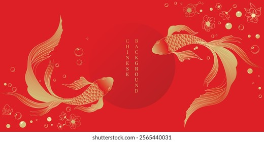 Chinese New Year background vector. Chinese and Japanese wallpaper pattern design of elegant koi fish, flower. Design illustration for decoration, wall decor, banner, website, ads.