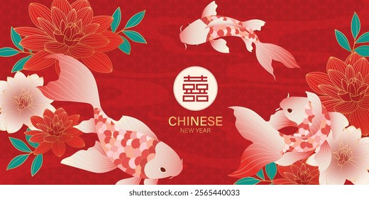 Chinese New Year background vector. Chinese and Japanese wallpaper pattern design of elegant koi fish, peony flower. Design illustration for decoration, wall decor, banner, website, ads.