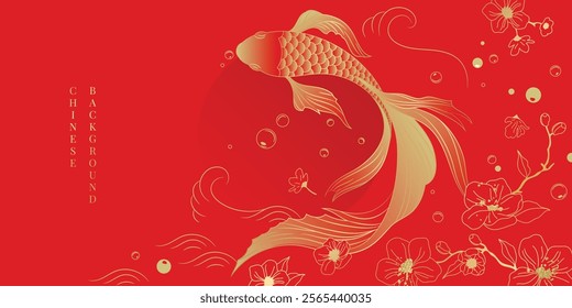 Chinese New Year background vector. Chinese and Japanese wallpaper pattern design of elegant koi fish, flower. Design illustration for decoration, wall decor, banner, website, ads.