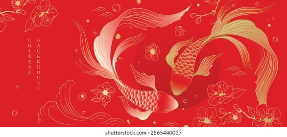 Chinese New Year background vector. Chinese and Japanese wallpaper pattern design of elegant koi fish, flower. Design illustration for decoration, wall decor, banner, website, ads.