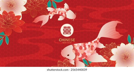 Chinese New Year background vector. Chinese and Japanese wallpaper pattern design of elegant koi fish, peony flower. Design illustration for decoration, wall decor, banner, website, ads.