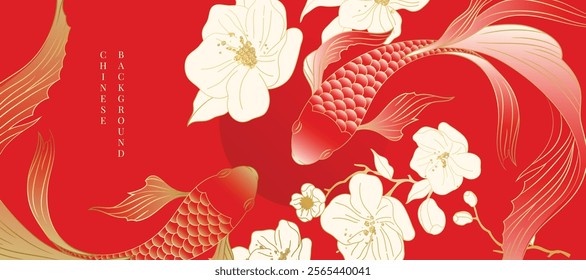 Chinese New Year background vector. Chinese and Japanese wallpaper pattern design of elegant koi fish, flower. Design illustration for decoration, wall decor, banner, website, ads.