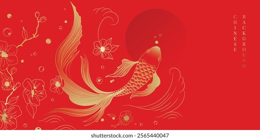 Chinese New Year background vector. Chinese and Japanese wallpaper pattern design of elegant koi fish, flower. Design illustration for decoration, wall decor, banner, website, ads.