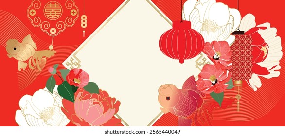 Chinese New Year background vector. Chinese and Japanese wallpaper pattern design of elegant koi fish, peony flower. Design illustration for decoration, wall decor, banner, website, ads.