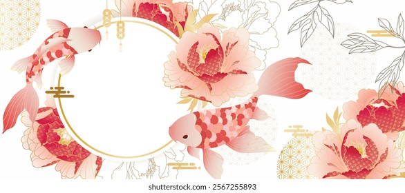 Chinese New Year background vector. Chinese and Japanese wallpaper pattern design of elegant koi fish, peony flower. Design illustration for decoration, wall decor, banner, website, ads.