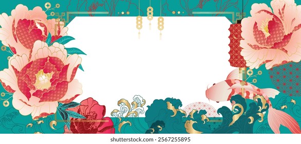 Chinese New Year background vector. Chinese and Japanese wallpaper pattern design of elegant koi fish, peony flower. Design illustration for decoration, wall decor, banner, website, ads.