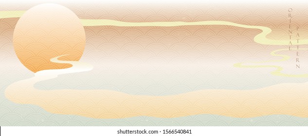 Chinese new year banner. Abstract background in oriental style. Circle element with Japanese pattern vector. Wavy shapes in oriental template. Sun ans sunset layout design.