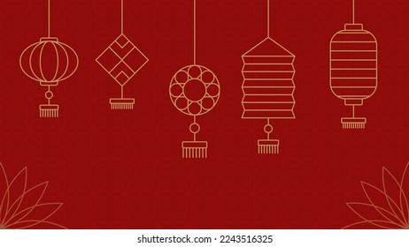 Chinese new year banner background with lanterns and leaf on red background. Vector stock illustration. EPS 10.