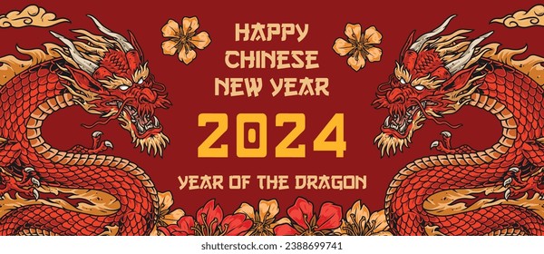 Chinese new year banner colorful with two dragons near flowers and wishing happy holiday 2024 vector illustration