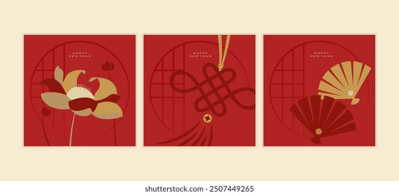 chinese new year banner, cover, greeting card, template, wallpaper, background, backdrop. Flower, knot, fan elements. asia oriental traditional and simple elements. festival frame, window, ornament.