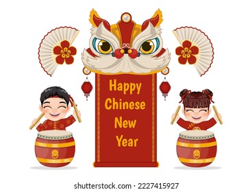 Chinese new year banner. Cute Asian children play ancient drums and Chinese dragon head banner on white background vector