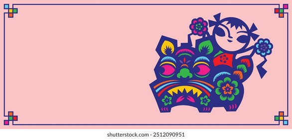 Chinese New Year banner design. Traditional Chinese paper cut lion dance with empty space and floral frame for greeting