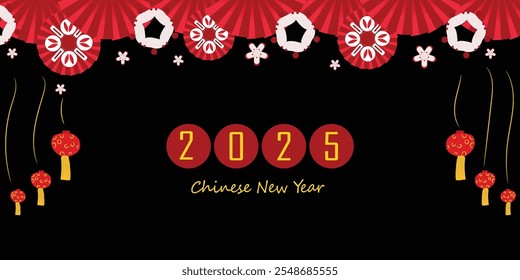  Chinese new year banner design with Chinese  folding fans and floral decorations  with hanging lanterns 
 flat background. cultural decorations 