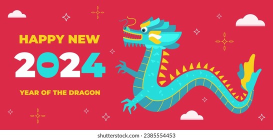 Chinese New Year banner with Dragon astrology sign, symbol of the 2024 year, oriental New Year celebration poster in a flat graphics, vector illustration.