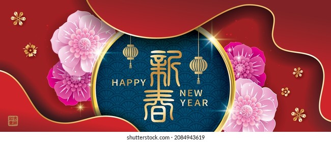 Chinese new year banner with flowers on red background. Translation: New year and Everything is going very smoothly and auspicious.