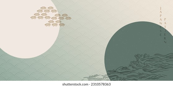 Chinese new year banner. Geometric line with Japanese pattern vector. Abstract art background in oriental style. Circle shapes and hand drawn wave in oriental template.