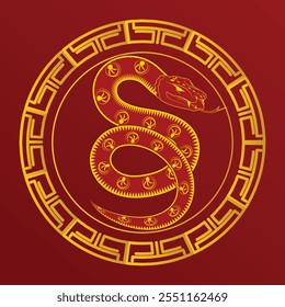 Chinese New Year banner with a golden snake in the centre, red background, traditional gold accents