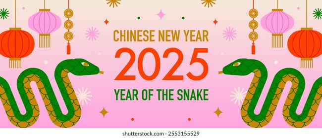 Chinese new year banner with green snake. Lunar new year. Symbol of the year