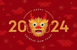 Chinese New Year Banner Or Greeting Card Design With Numbers 2024 And Cute Dragon Head Illustration In Flat Style. Asian Festive Background.