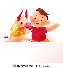 Chinese new year banner with happy boy character in oriental traditional hanfu suit, bull animal mascot, white paper sheet. Text place, sale placard template. Vector flat realistic illustration.