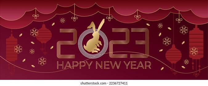 Chinese New Year banner, invitation card, decoration with 2023 year's symbol of rabbit.