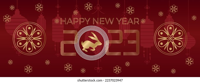 Chinese New Year banner, invitation card, decoration with 2023 year's symbol of rabbit.