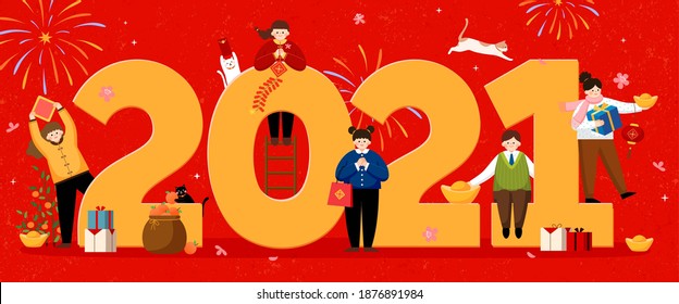 Chinese new year banner. Miniature Asian people making greeting gestures at large 2021 number inscription.