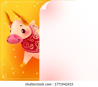 Chinese new year banner with oriental animal bull mascot character and white paper sheet on yellow background. Text place, sale placard design template. Vector realistic flat illustration.