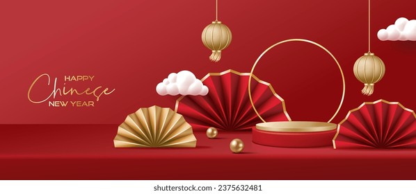 Chinese new year banner for product demonstration. Red pedestal or podium with folding fans, cloud and lanterns on red background.