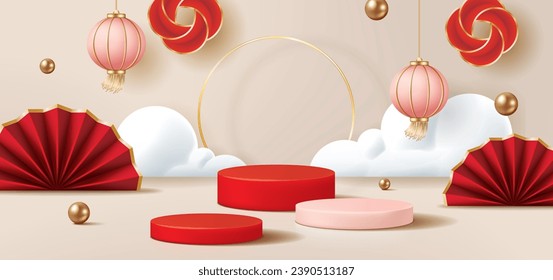 Chinese new year banner for product demonstration. Red pedestal or podium with folding fans and lanterns on beige background.