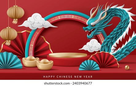 Chinesischer Neujahrsbanner für Produktvorführungen. Rotes Podium oder Podium mit Drachen, Faltenfächern und Ingwer auf rotem Hintergrund.