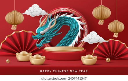 Chinese new year banner for product demonstration. Red pedestal or podium with dragon and ingots on red background.