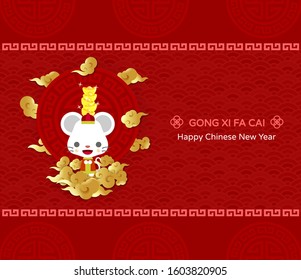 Chinese New Year banner. Year of Rat. A happy rat stand on the oriental golden clouds and symbolics isolated on red background.