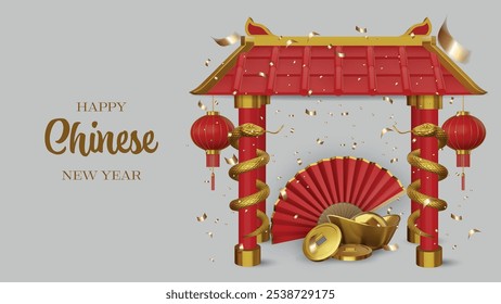 chinese new year banner with realistic 3d temple and gold snakes. chinese new year greeting card with gold ingot and coins and folding fan. snake year background