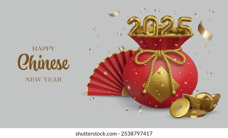 chinese new year banner with realistic 3d lucky bag and gold numbers. chinese new year greeting card with gold ingot and coins and folding fan. snake year background