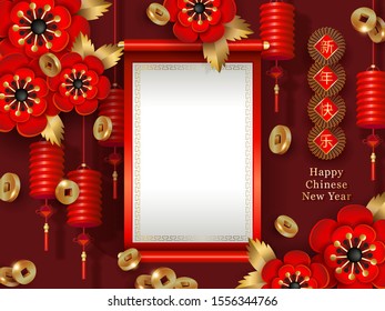 Chinese New Year banner. Red golden festive design. Lanterns, falling gold coins, peonies flowers, scroll with the place for text. Chinese translate Happy New Year. Vector illustration