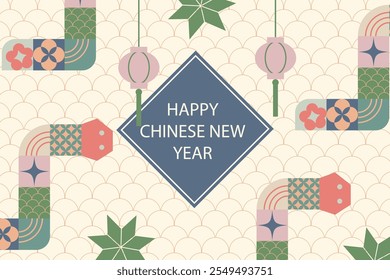  Chinese New Year banner. Year of the snake. Chinese zodiac snake in geometric flat modern style.