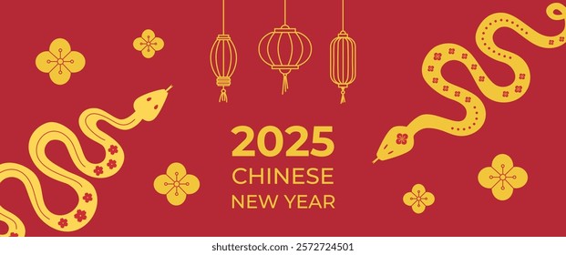 Chinese new year banner. Snakes with lanterns. 2025 year. Chinese spring festival greeting card. Asian concept. Chinese lunar new year background, cover, flyer template. Vector.