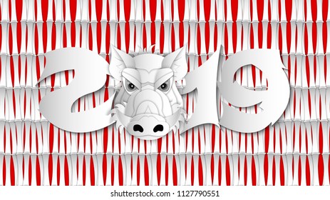 Chinese New Year banner, symbol 2019 year of the pig or boar. Handwritten inscription 2019 with the head of the pig or wild boar on bamboo background. 3d vector illustration.