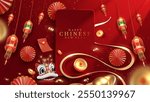 Chinese New Year banner template with red glowing lanterns, golden realistic 3D elements, elegant style Snake Year poster design concept on red background.