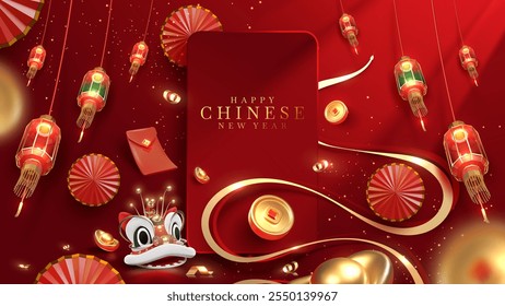 Modelo de banner de Ano Novo chinês com lanternas vermelhas brilhantes, elementos 3D realistas dourados, estilo elegante design de pôster de Ano Cobra em fundo vermelho.