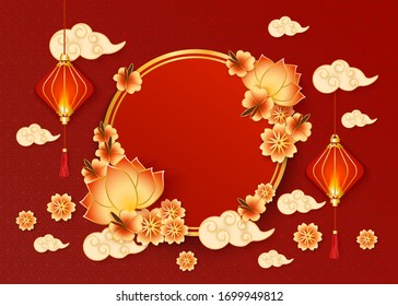 Chinese New year banner with traditional red lanterns and clouds in oriental style and circle frame decorated with flowers vector illustration on textured red background.