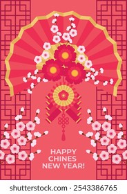 Ano Novo Chinês. Fundo decorativo bonito com ventilador, flores, ramos de sakura, pingente de foguete, ornamento geométrico. Cartaz, banner, folheto, cartão