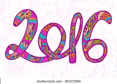 Chinese New Year. Beautiful hand drawn figures Symbol  2016 with doodle ornament postcard, price, congratulations. Bright colors