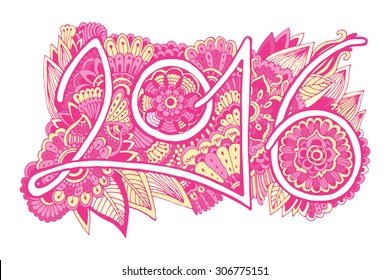 Chinese New Year. Beautiful hand drawn figures Symbol  2016 with doodle ornament postcard, price, congratulations. Pink colors